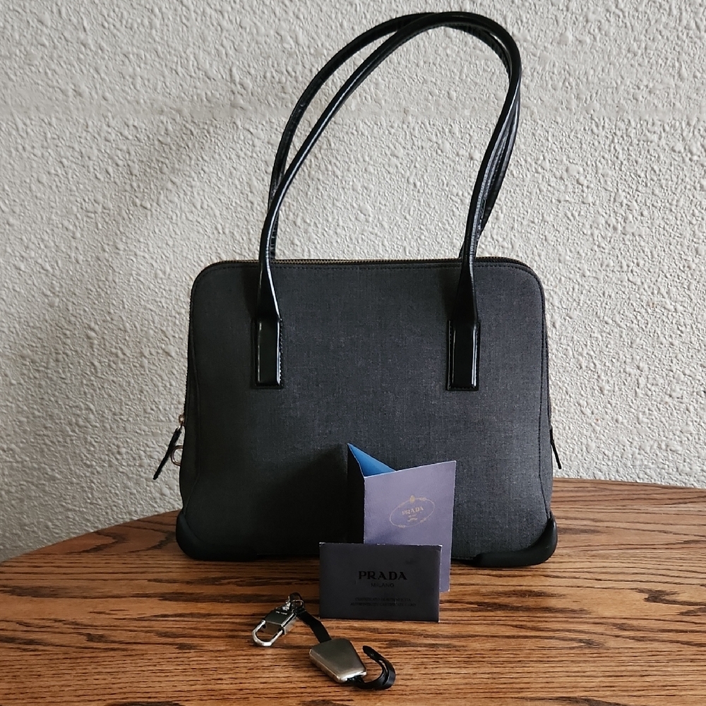 VINTAGE Prada Gray Wool & Patent Leather Shoulder Bag Includes Lock, Keys, & COA